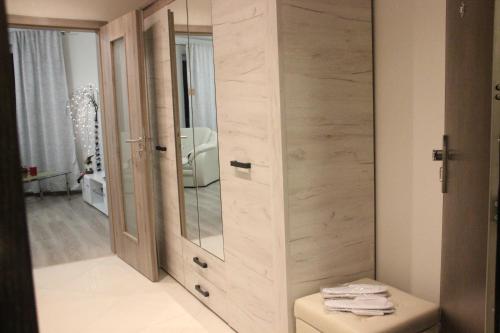 a bathroom with a large mirror and a toilet at Element Prag Airport Apartment in Prague