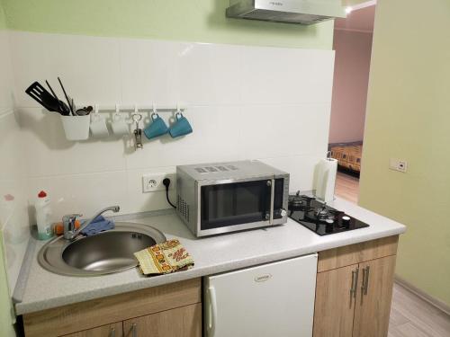 cocina con fregadero y microondas en Apartment near city center on Peremohy Avenue 46, en Cherníhiv