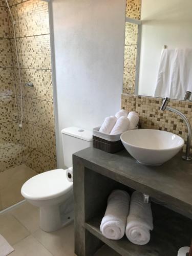 a bathroom with a sink and a toilet at Nai'a Suites in Ubatuba