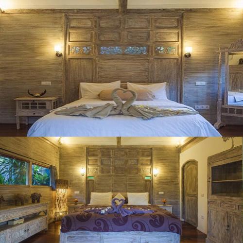 two pictures of a bedroom with a large bed at Villa Bali Santai in Kerobokan