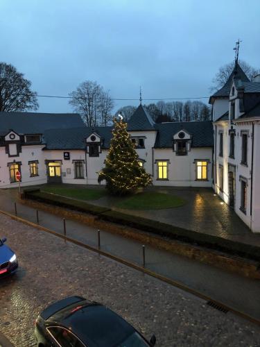 a christmas tree in front of a white house at House in Charleroi