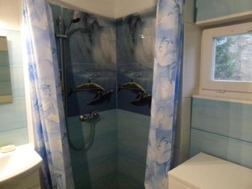 La salle de bains est pourvue d'une douche avec des cintres. dans l'établissement Agroturystyka u Psotki, à Kużmina