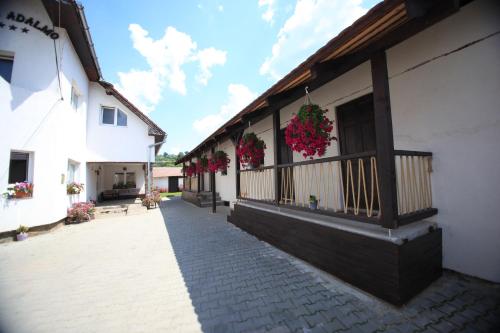 a courtyard of a building with flowers on the balcony at Casa Adalmo in Sighişoara