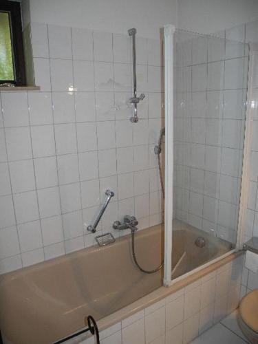 a bathroom with a tub with a shower at Haus Seeromantik in Uhldingen-Mühlhofen