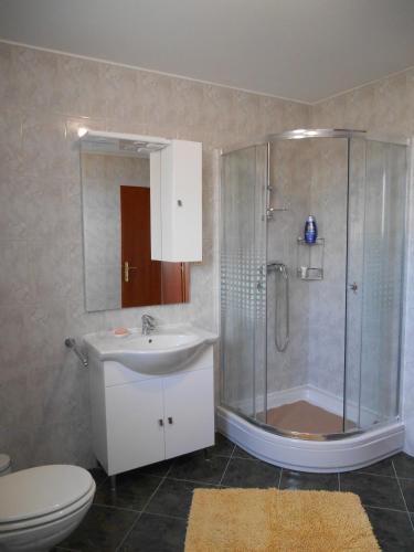 a bathroom with a shower and a sink and a toilet at Apartments Diana in Šmrika