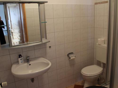 a bathroom with a sink and a toilet and a mirror at Quaint Apartment in Dargun Mecklenburg with Swimming Pool in Barlin