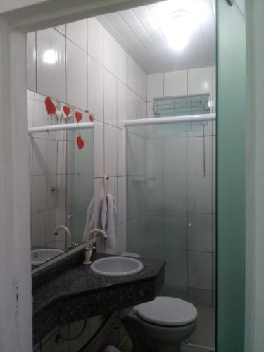 a bathroom with a sink and a toilet and a mirror at Apartamento exclusivo-hospedagem in Joinville
