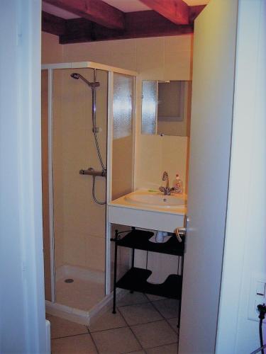 une salle de bain avec un lavabo et une douche dans l'établissement Village Océlandes 187, à Saint-Julien-en-Born