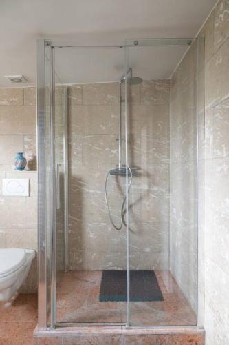 une douche avec une porte vitrée dans une salle de bain dans l'établissement Maison de Maître meulière, à Neuilly-Plaisance