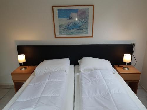 two beds in a bedroom with two lamps on both sides at Vakantiepark Timmerholt in Westerbork