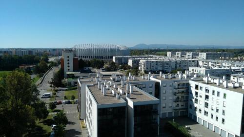 an aerial view of a city with buildings at Apartman Nadja Arena Zagreb in Zagreb