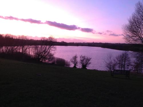a bench sitting in the grass next to a lake at Pickmere Country House in Pickmere
