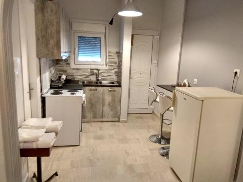 a kitchen with a white refrigerator and a sink at Studio Sunset in Platanidia