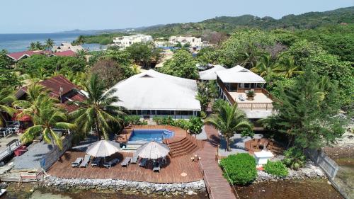 an aerial view of a house with a swimming pool at Wikkid Resort in Dixon Cove