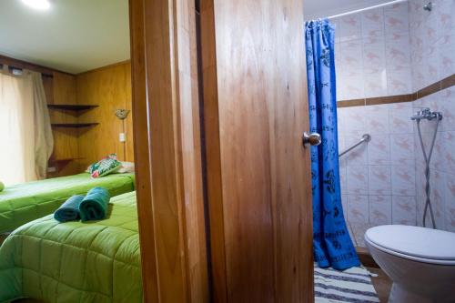 a bathroom with a bed and a toilet and a shower at Cabañas & Hostal Tojika in Hanga Roa
