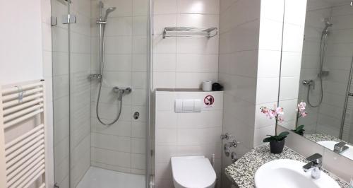 a bathroom with a shower and a toilet and a sink at Fewo Mittelmole in Warnemünde