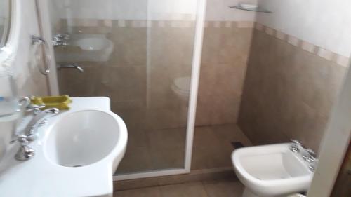 Bosysol en las sierras في ميرلو: حمام مع دش ومرحاض ومغسلة