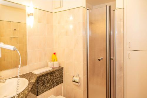 a bathroom with a shower and a sink at Ferienwohnung Seeterrassen in Dewichow