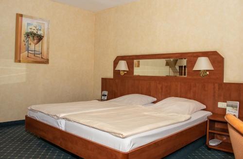 ein Schlafzimmer mit einem großen Bett und einem Spiegel in der Unterkunft Kiek In Hotel Zur Einkehr in Stade