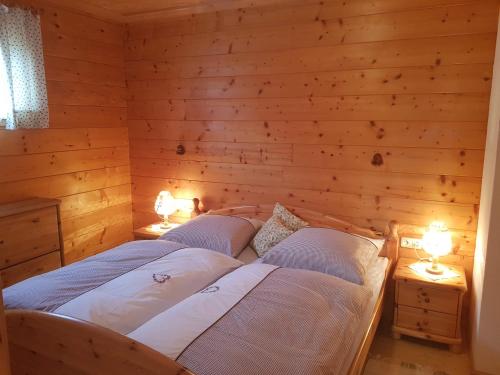 2 Betten in einem Zimmer mit Holzwänden und -leuchten in der Unterkunft Ferienwohnung Arina in Tauplitz