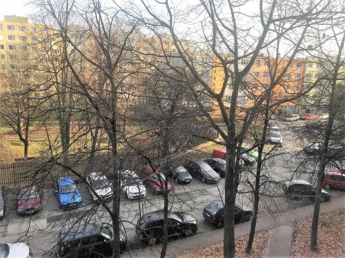 a bunch of cars parked in a parking lot at Terasa Capajevova 6 Kosice in Košice