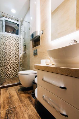 a bathroom with a sink and a toilet and a shower at President Lux in Belgrade