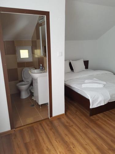 a bedroom with a bed and a sink and a toilet at Cabana Merișor in Poiana Mărului