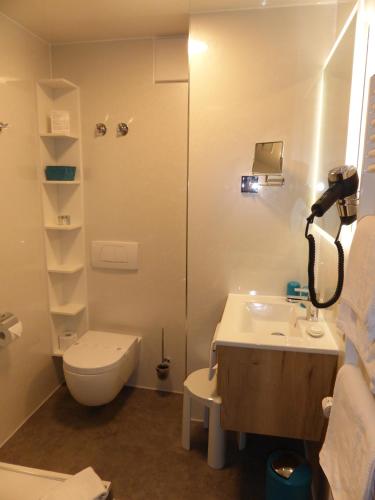 a bathroom with a toilet and a sink and a shower at Ferienhotel Silberdistel garni in Bolsterlang