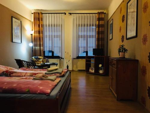 1 dormitorio con 2 camas y sala de estar en Penzion u modrého zvonku, en Zlaté Hory