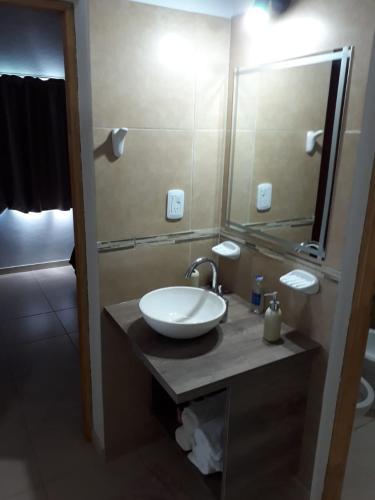 un bagno con un lavandino e un grande specchio di Complejo La Palmera a San Rafael