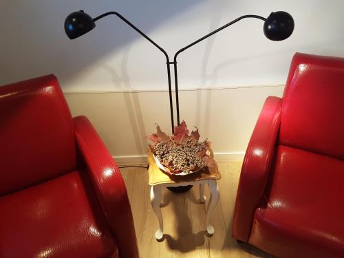 a table with a plant on it next to two chairs at B&B de Panheide in Hooghalen