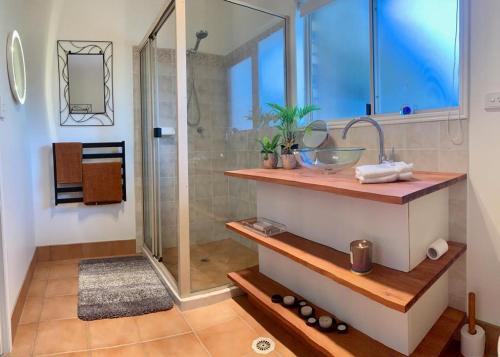 a bathroom with a sink and a shower at River Gum Luxury Bed and Breakfast in Diddillibah
