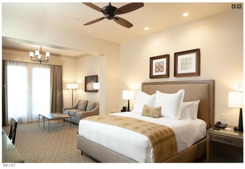 蒂梅丘拉的住宿－彭特葡萄園酒店，一间卧室配有一张大床和吊扇