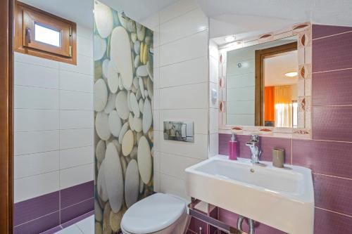 a bathroom with a sink and a toilet and a mirror at Akrathos Houses in Polychrono