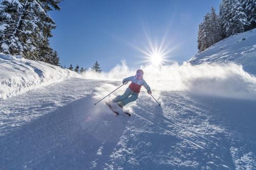 a person is skiing down a snow covered slope at Gasteg Living in Maria Alm am Steinernen Meer