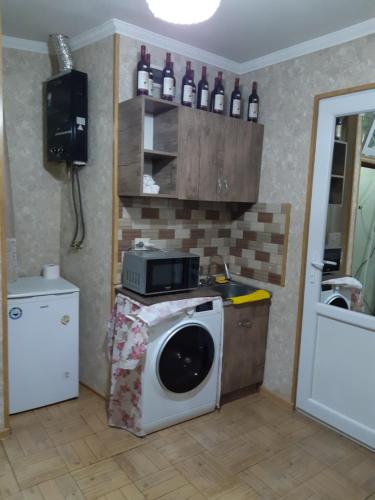 a kitchen with a washing machine with bottles on the wall at Lela Apartments in Tbilisi City