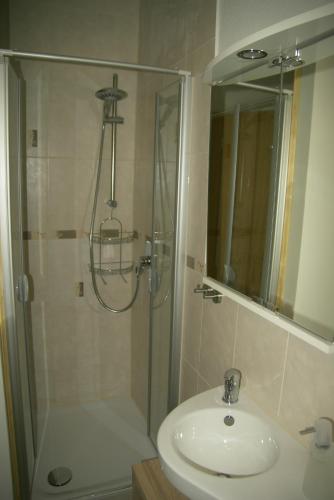 a bathroom with a shower and a sink and a shower at Gästehaus Gaisalpe in Fischen