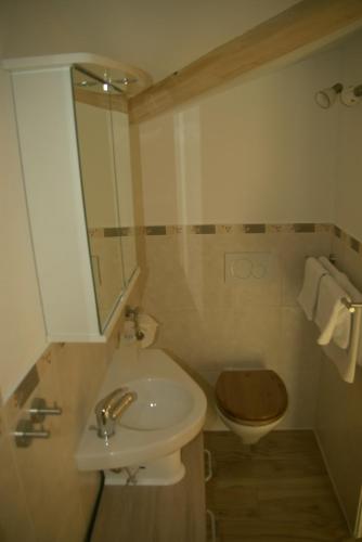 a bathroom with a sink and a toilet and a mirror at Gästehaus Gaisalpe in Fischen