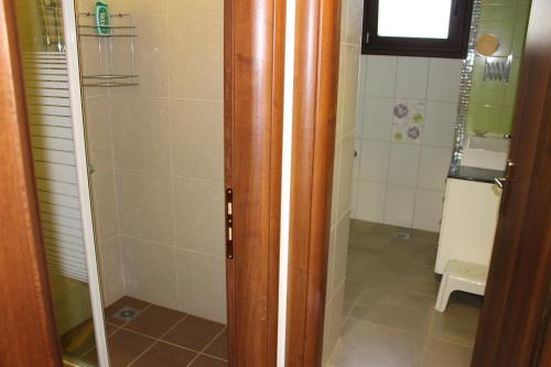 a bathroom with a shower with a glass door at Villa Rena in Sivota