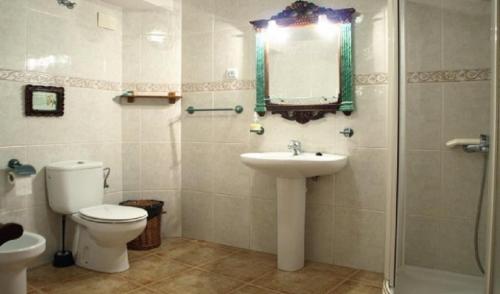 a bathroom with a toilet and a sink and a mirror at Casa Jacobea in Grañón