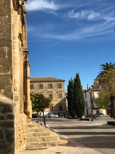 a city street with a building and a palm tree at Apartamentos “Quotidianum” in Úbeda