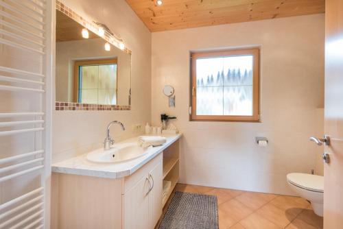 a bathroom with a sink and a toilet and a mirror at Almdorf Tirol in Haldensee