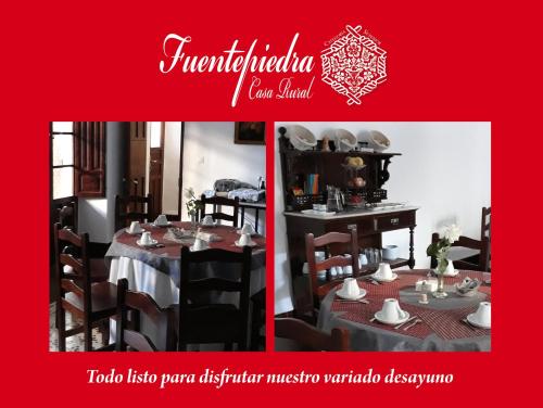 Duas fotografias de uma sala de jantar com uma mesa e cadeiras em Fuentepiedra Casa Rural Categoría Superior em Almodóvar del Río