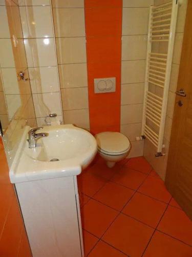 a bathroom with a sink and a toilet at Apartments FABRKA in Ljubljana