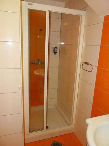 a shower with a glass door in a bathroom at Apartments FABRKA in Ljubljana
