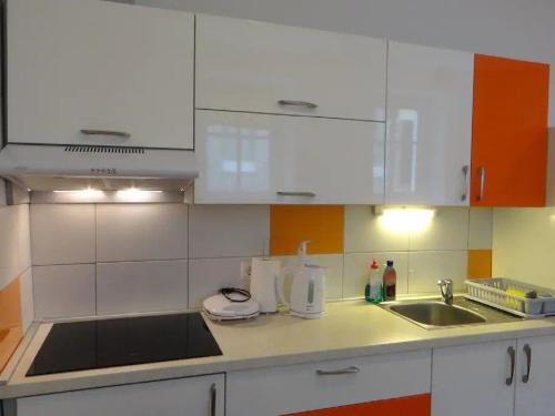 a kitchen with white cabinets and a sink at Apartments FABRKA in Ljubljana