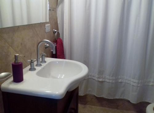 a bathroom with a sink and a shower curtain at Altos de Esquel in Esquel