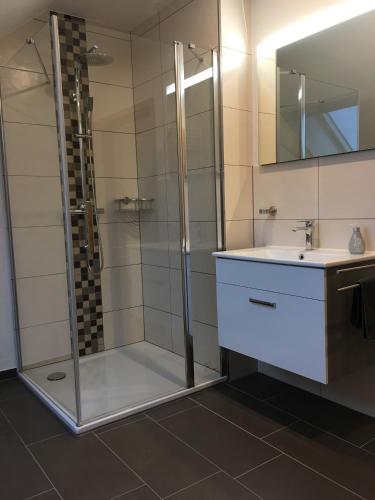 a bathroom with a shower and a sink at Ferienhaus Auf der Hill in Büdesheim