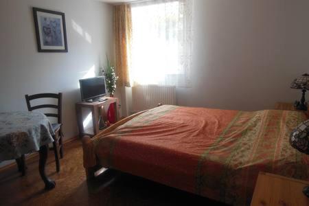 a bedroom with a bed and a chair and a window at Ferienwohnung im Grünen in Berlin