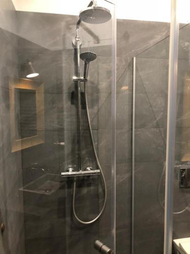 a shower with a glass door and a shower head at Olympic Residence in Szczyrk